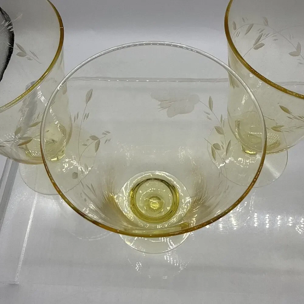 5 Vtg Yellow Depression Glass Footed Parfait Sundae Etched Franciscan Barware